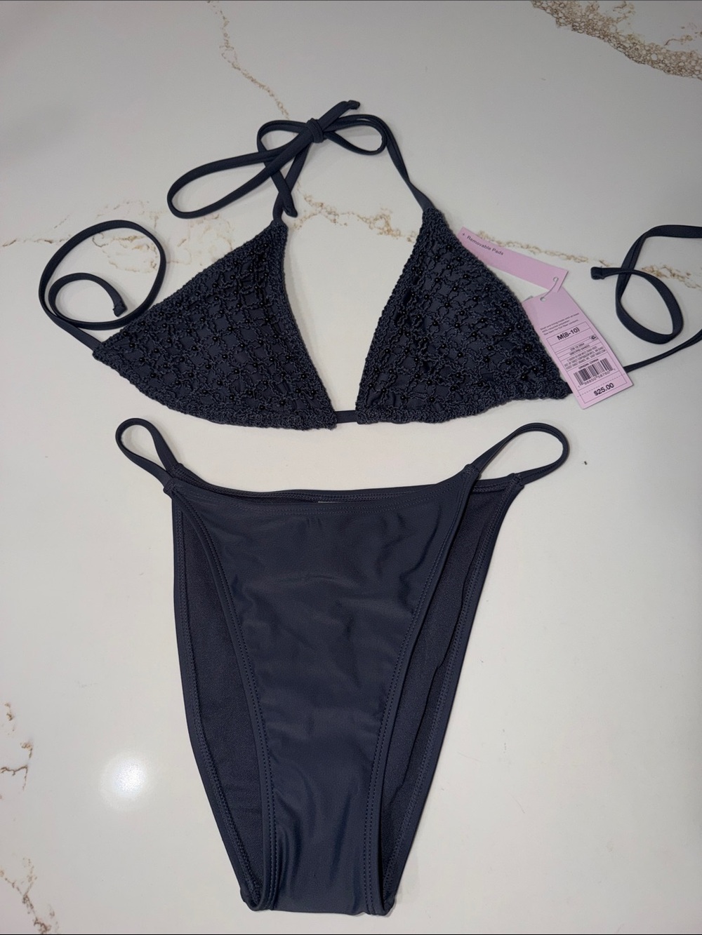 NWT Grey Crochet & Beaded Triangle Bikini Set - Women's Swim | M